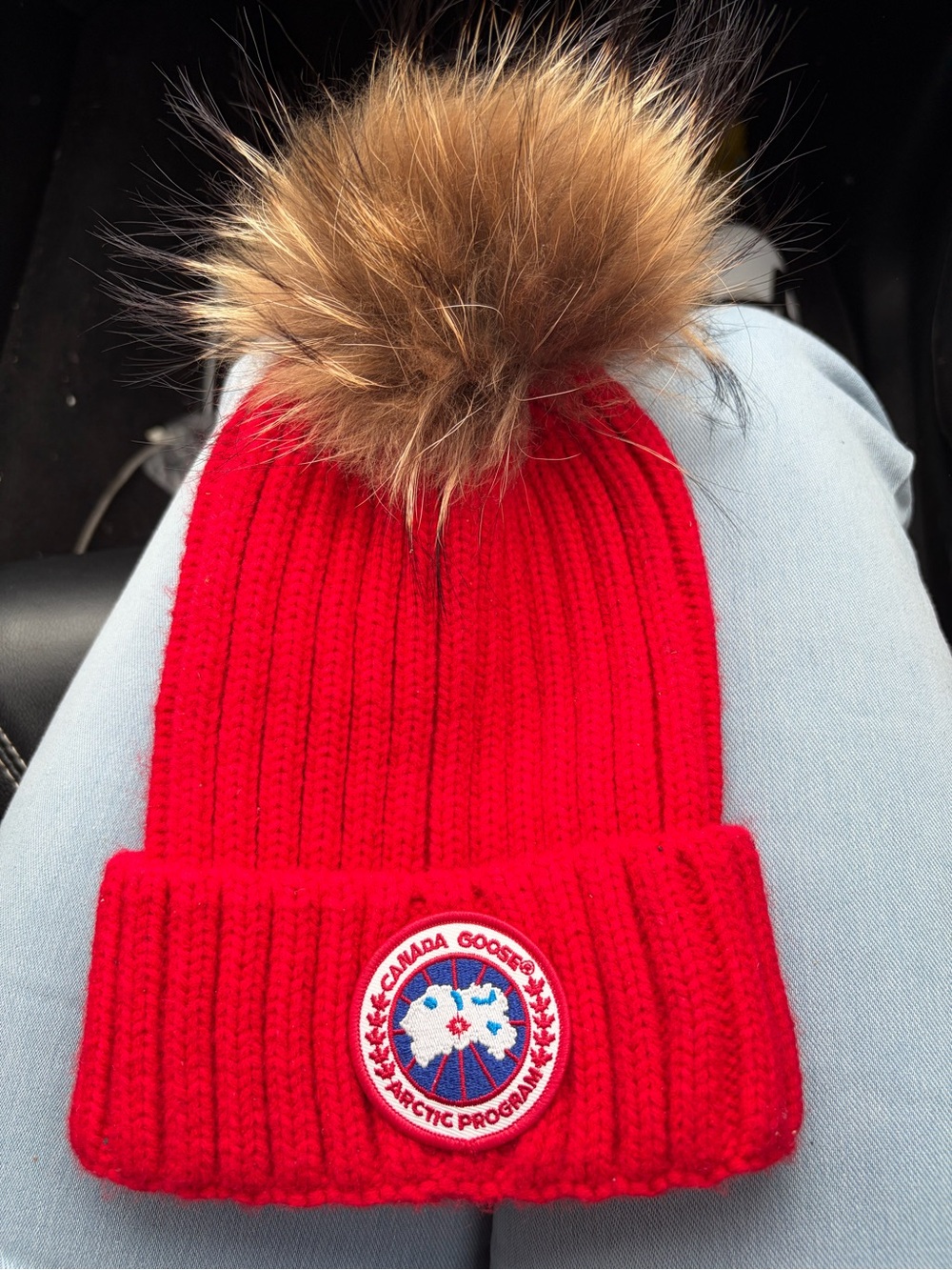 Canada Goose Kids Bright Red Knit Beanie with Brown Faux-Fur Pom